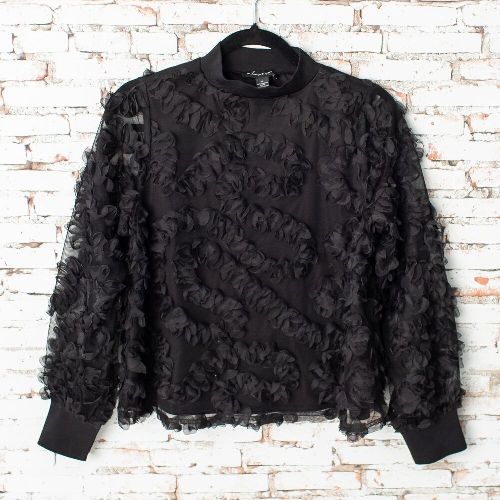 A Love Story Blouse Black Mesh Floral Rosette Sheer Women’s Medium Long Sleeve